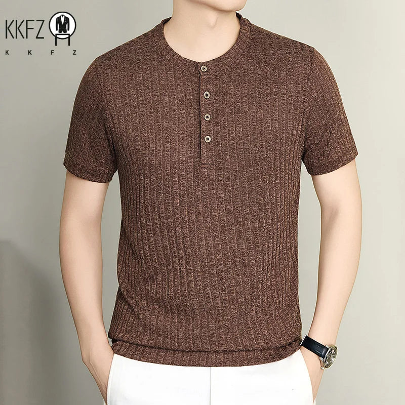 Daily Street Style Mens Speckle Textured Henley T Shirt Soft Knit Material Pub Visit Casual Dating And Short Trip Garment