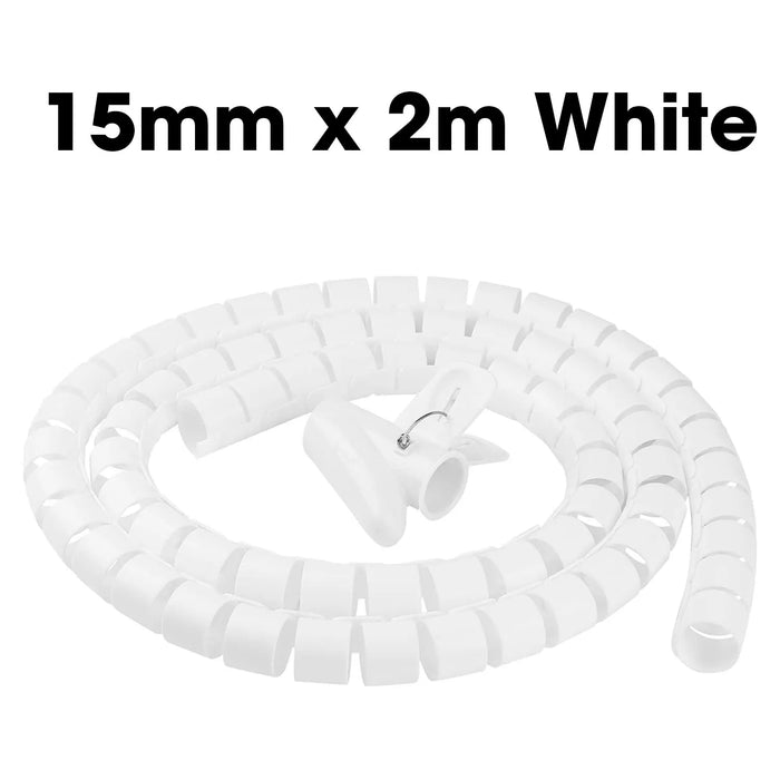 ZoeRax 2m 15/20/25mm Flexible Spiral Cable Wire Protector Cable Organizer Cord Protective Tube Clip Organizer Management Tools 15mm x 2m White