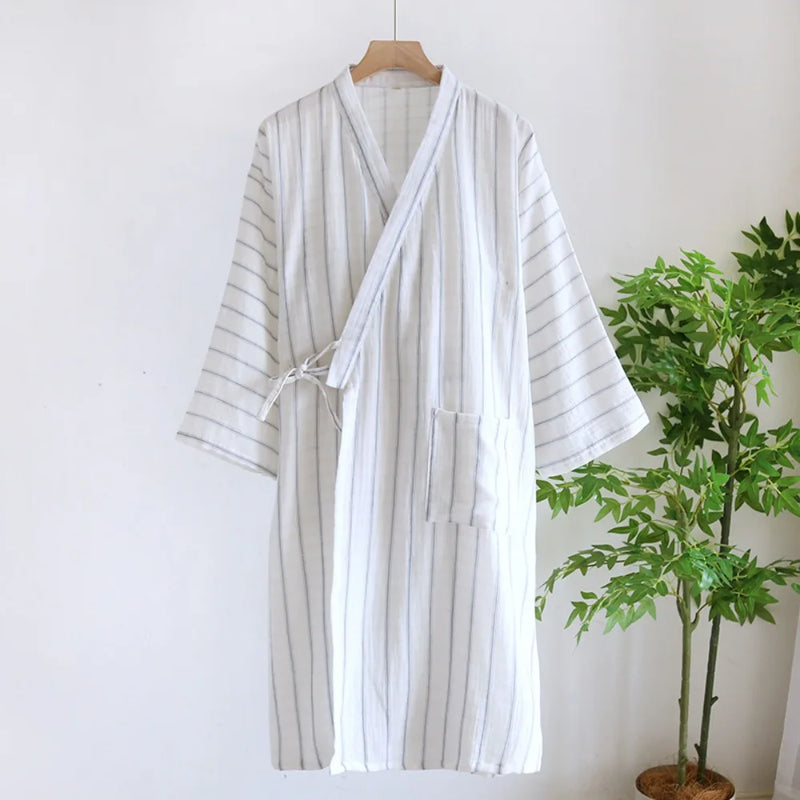 Kimono Gauze Cotton Bathrobe Striped Casual Robe Man Sleepwear 2026 New Spring Summer V-neck Loose Dressing Gown Lounge Wear