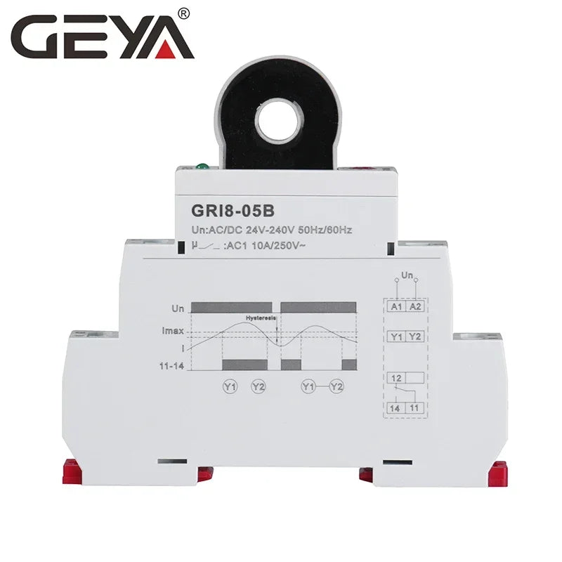 រេឡេត្រួតពិនិត្យចរន្ត AC ឬ DC GEYA GRI8-05 ត្រង់ 2A-20A AC24V-240V ការពារចរន្តលើស និងចរន្តក្រោម