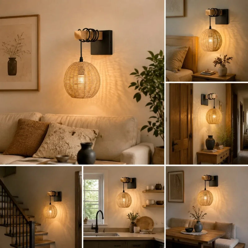 JOYINLED Vintage Indoor Wall Light, E27 Retro Rattan Wall Lamp with Woven Lampshade Wall Lamp for Living Room, Bedroom, Hallway