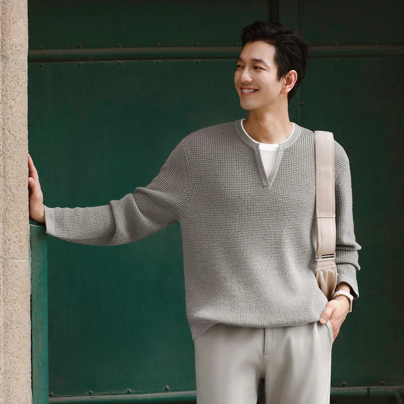 Semir Men Sweater Knit Texture Layered Look Color Block V Neck Layering Essential 2026 Winter Everyday Style Soft Touch