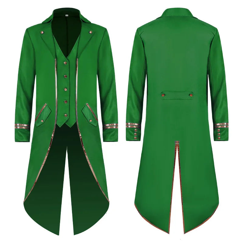 2026 Medieval Style Thin Men's Retro Mid-Length Punk Coat with Gold Trim Trench for Halloween Cosplay in Red Green Purple Jacket