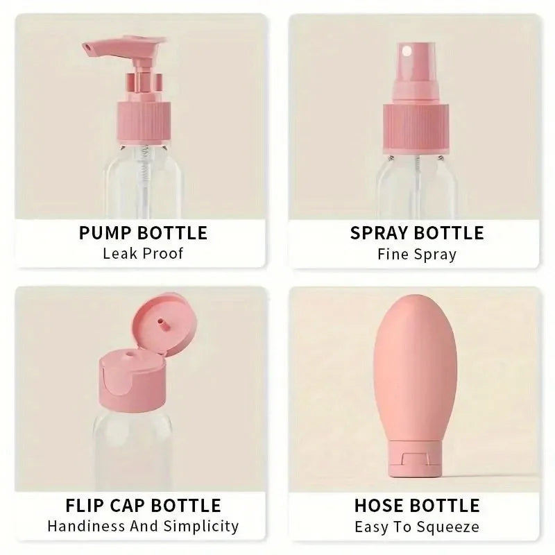 11pcs Travel Sub-bottling Set ,Leak-Proof Travel Toiletry, Airplane Approved Size,Spray Bottle & Squeeze Tubes with Bag
