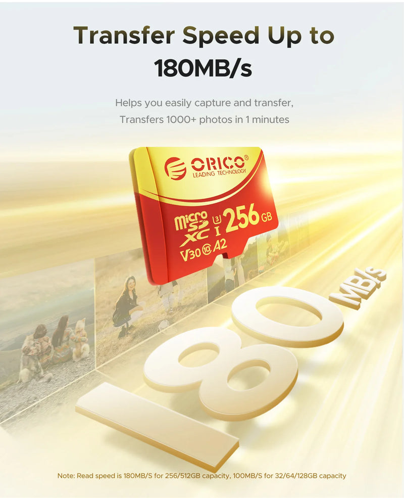 ORICO 2 Packs microSDXC UHS-I Memory Card, 100MB/s, 4K UHD Recoding, U3, Class10, V30, A1 for Action Camera, Dash Cam, TF Card