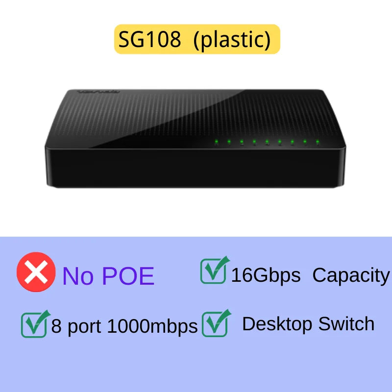 កុងតាក់ Ethernet Tenda POE 5/6/8/10 ច្រក កុងតាក់បណ្តាញលឿន gigabit 100/1000mbps Switcher Hub SOHO Desktop Switch សម្រាប់កាមេរ៉ា IP