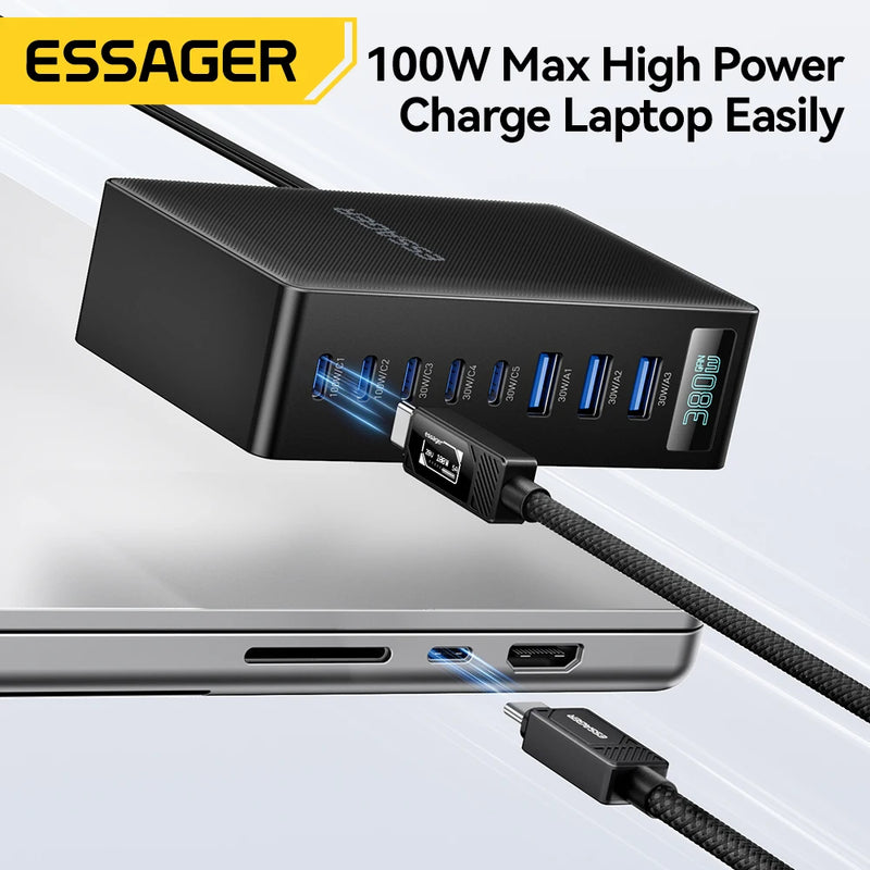 ឆ្នាំងសាក Essager 380W GaN 8 in 1 ជើងទ្រសាកថ្មលឿនសម្រាប់កុំព្យូទ័រយួរដៃលើតុ iPhone 17 16 15 Pro Max Macbook Air Xiaomi Samsung ថេប្លេត