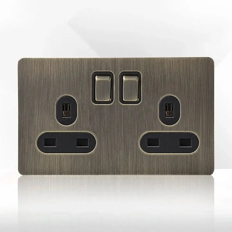 Retro EU FR Metal Panel Wall Toggle Light Switch Socket plug,Bronzed Antique Stainless Steel German 16A Socket with USB Charging