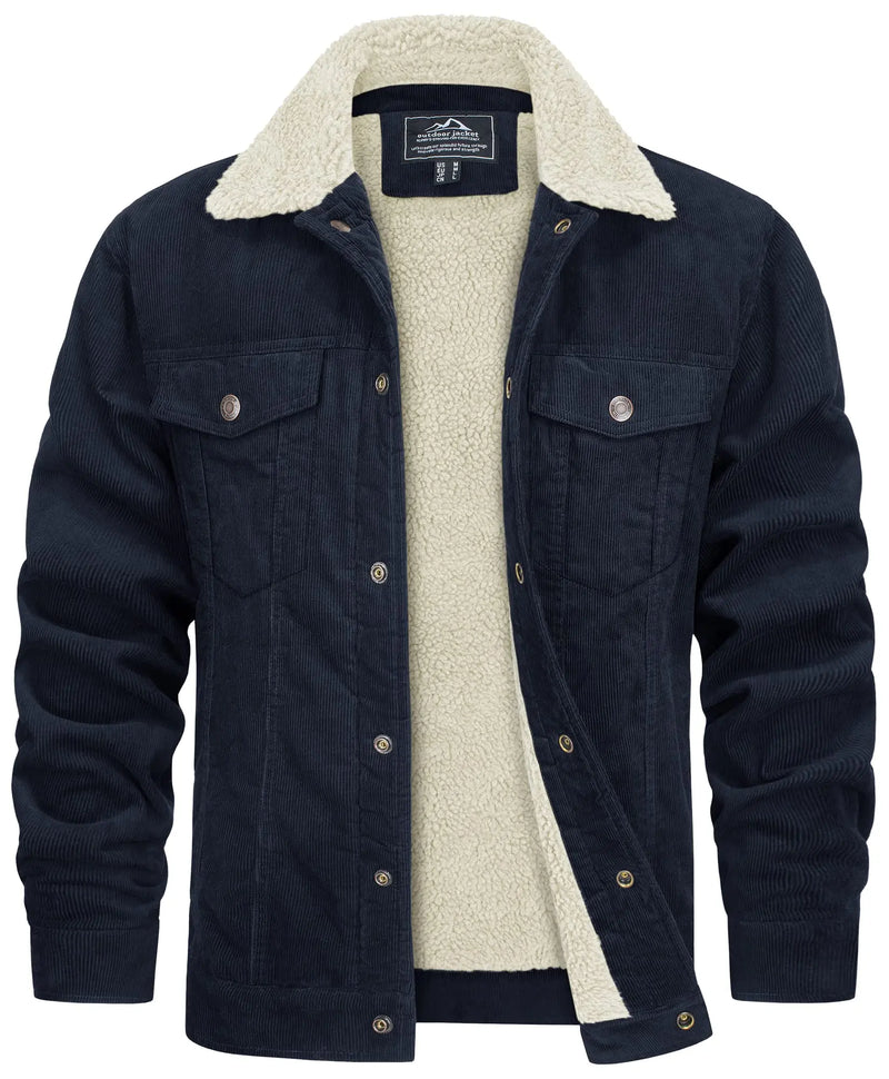 TACVASEN Thicken Fleece Lining Mens Corduroy Jacket Sherpa Lined Winter Coats Trucker Cargo Workwear Multi-Pocket Outwear
