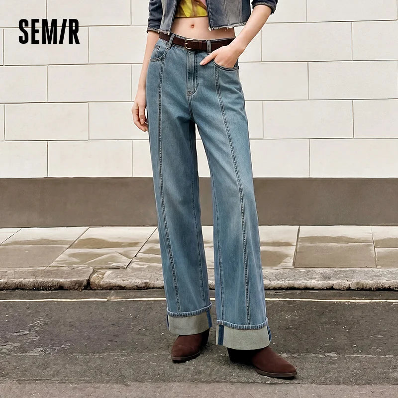 Semir Women Jeans Cuffed Split Wide Leg Loose Long Leg Look 2026 Autumn Street Style Soft Casual Denim Pants Daily Wear