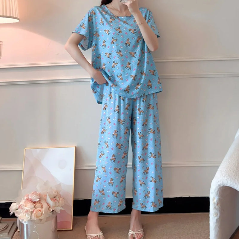 Comfort for Homewear Floral Pajamas 2 Pieces Set for Woman Casual Summer New Short Sleeve Sleepwear Women's Loungewear Suit