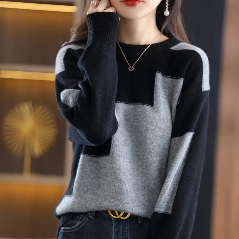 New Autumn Winter Knitwear Top Korean Loose Bottom Contrast Color Sweater For Women Suéteres Long Sleeve Pullovers свитер
