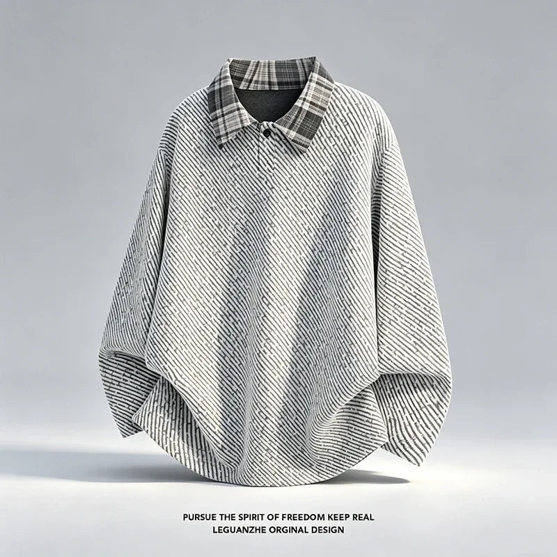 Autumn Mens Loose V Neck Corduroy Top Long Sleeve Plaid Contrast Collar Textured Material Casual Garment