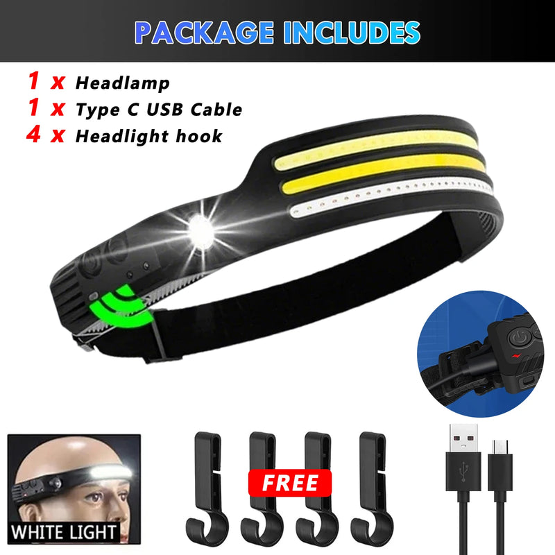 ចង្កៀងមុខប្រភេទ Sensor LED ពិលក្បាលអាចសាកបាន មានថ្មភ្ជាប់មកស្រាប់ មានភ្លើង 5 របៀបសម្រាប់នេសាទ បោះតង់ ចង្កៀងគោម