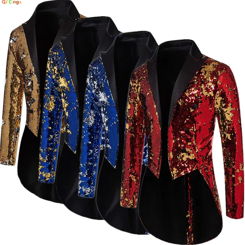 2026 Men's Blue Metallic Shiny Sequins Tuxedo, Performance,Party Dress Coat, Fashion Long Cardigan Suit Jacket,Red, Gold Blazers