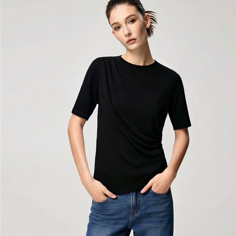 Amii Women's T-Shirt 2026 Summer New Boat Neck Acetate Asymmetric Pleated Stretch Top Fitted Waist Casual Short Tee 12652084