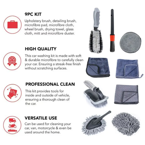 SEAMETAL 9pcs Car Wash Brush Towel Kit Professional Car Wheel Tire Cleaning Brush Towel Glove Wash Pad Set for Car Accessories