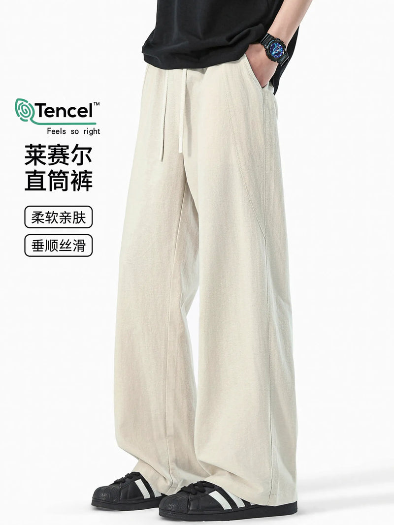 DUKEEN Men's Tencel Lyocell Wide Leg Pants Summer Breathable Lightweight Loose Fit Straight Leg Casual Trousers
