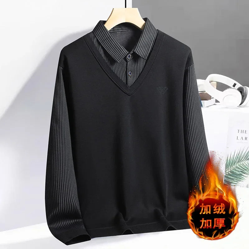 Daily Versatile Men Pullover Fake Two Piece Construction Vertical Stripe Sleeves Lapel Collar Subtle Embroidered Logo
