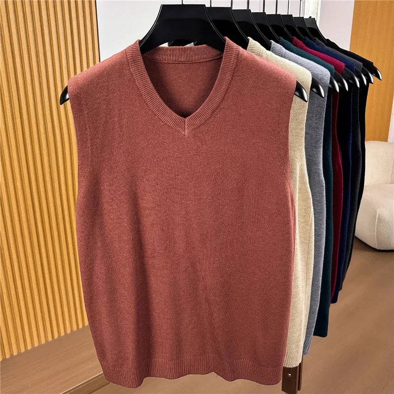 Fall Mens V Neck Knitted Waistcoat Sleeveless Sweater Vest Comfortable Knit Top For Business Daily Outfit Matching