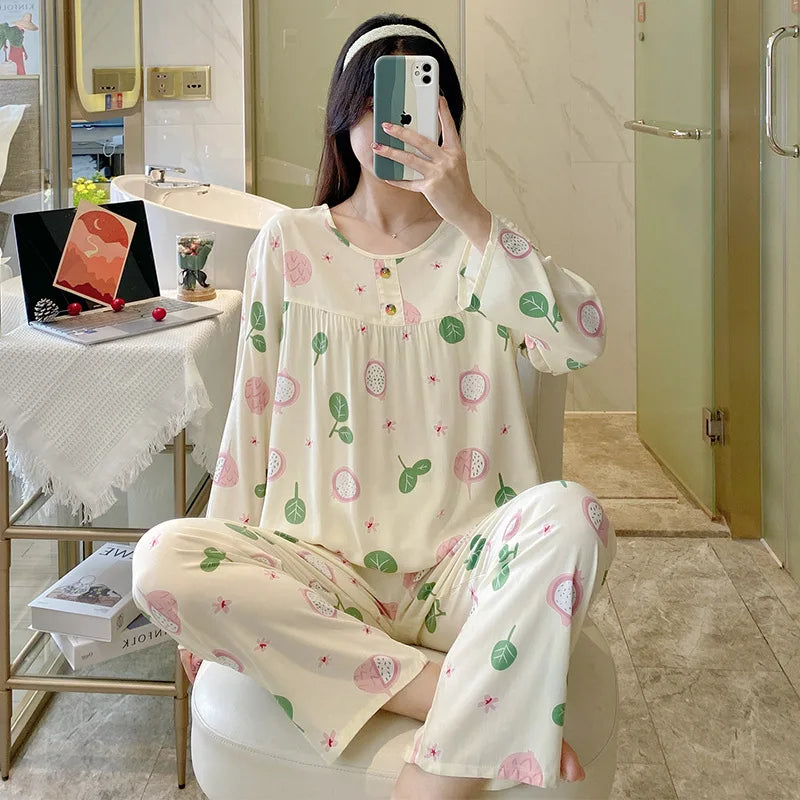 Cotton Rayon Pijamas Set For Women New Printed Spring Autumn Pajamas Female Loungewear Large Size Sleepwear пижама женская