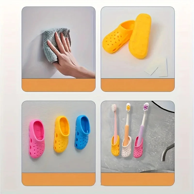 2pcs Colorful Mini Slippers & Toothbrush Storage Box - Wall-Mounted, No-Drill, Durable Plastic Bathroom Organizer