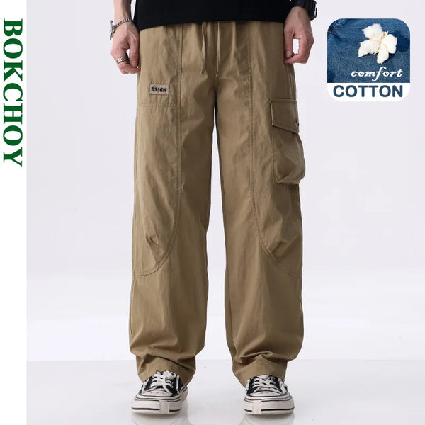 2026 Spring Summer New Comfort Cotton Cargo Casual Pant for Men Drawstring Patchwork Summer Pants FY217