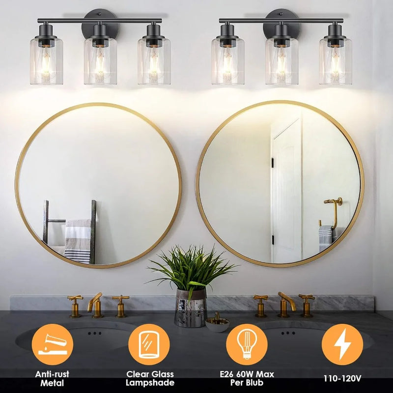 ចង្កៀងជញ្ជាំងទំនើប JOYINLED 3 អំពូល ពណ៌ខ្មៅស្រអាប់ ចង្កៀងជញ្ជាំងដែកផ្ទះកសិករ ជាមួយនឹងគ្រឿងតុបតែងលម្អកញ្ចក់ សម្រាប់បន្ទប់គេង ផ្ទះបាយ សាលធំ