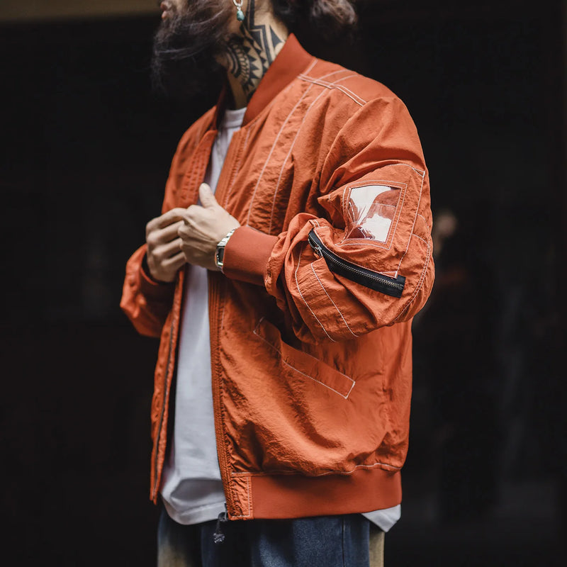 Maden Men‘s Vintage MA-1 Bomber Jacket Red Lightweight Pilot Coat with Zipper Classic Baseball Style Jacket for Spring Autumn