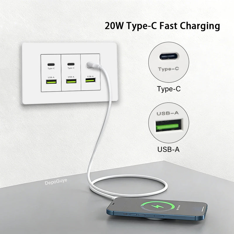 Korea Chile standard 20W Super Fast smart Charge Type C USB Port Power Wall Socket Plug,118*73mm Quick Charge electrical Outlet