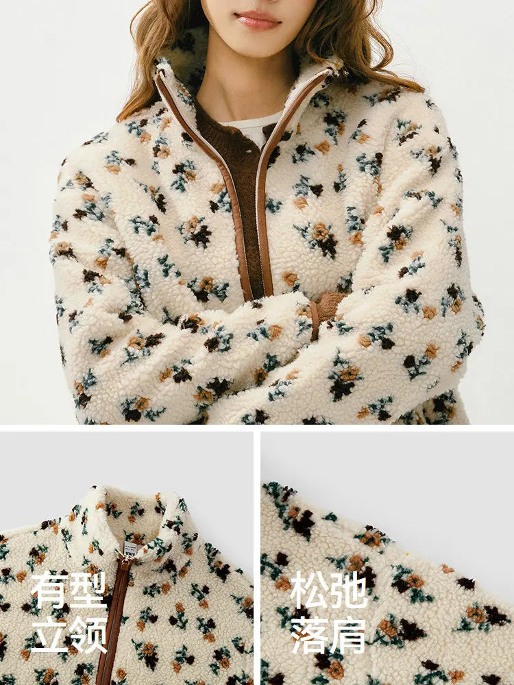 Semir Jacket Women Winter Faux Lamb Wool Fleece Stand Collar Loose Patterned 2025 New Fashion Retro Jacket Women'S Wear