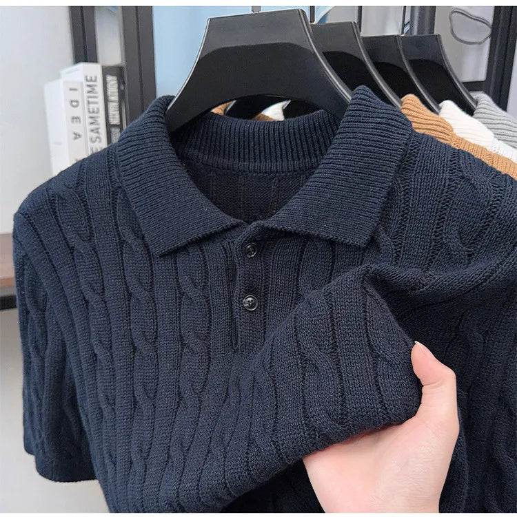 Men's Vintage Cable Knit Short Sleeve Polo Sweater 100% Cotton Retro Turn-down Collar Casual Pullover