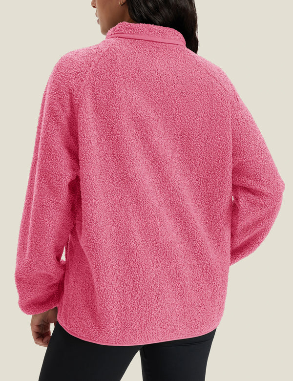 TACVASEN Women's Stand Collar Sherpa Fleece Jacket Winter Warm Lightweight Fuzzy Button Down Coat 3 Zipper Pockets Casual Jacket