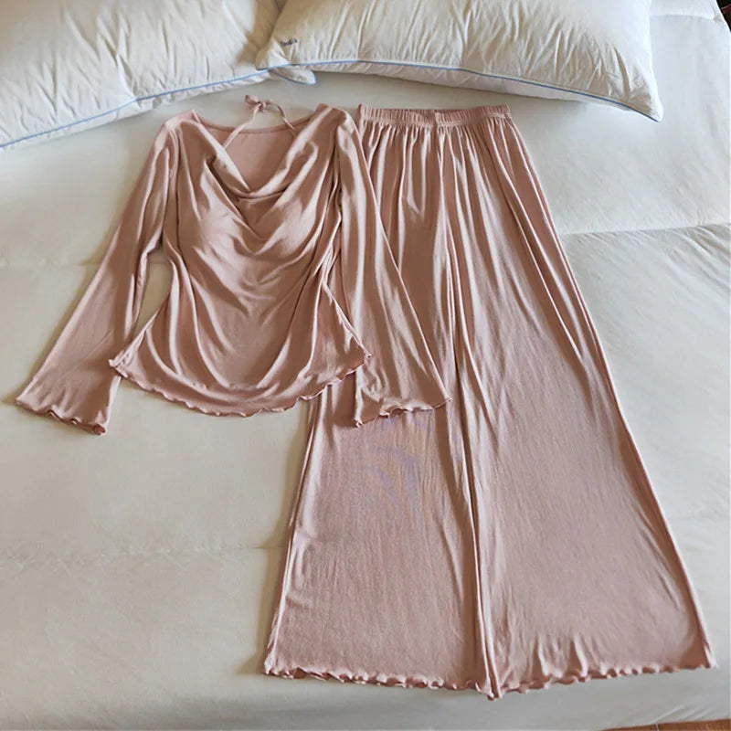 Chest Pad Long Sleeve Shirt Trousers Sets New Lounge Modal Sleeping Clothes Elegant Autumn Winter Home Pajamas Women Sleepwear