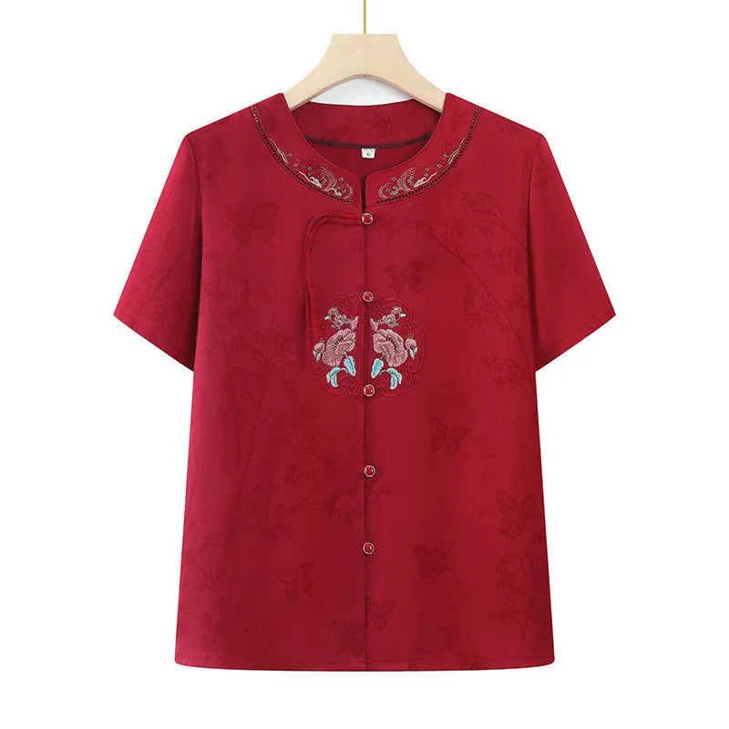 Chinese-style Women's V-neck Short-sleeve Shirts, Summer Single-breasted Embroidered Shirt, Available in Red, Purple, and Green.