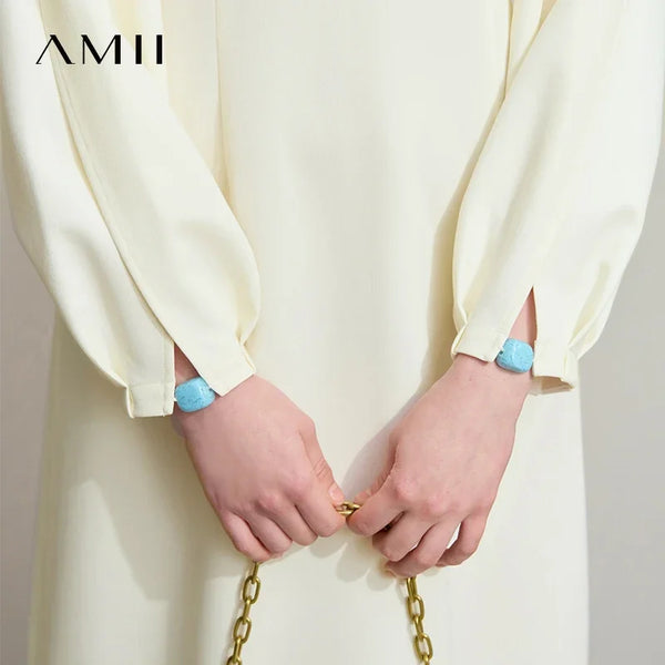 Amii Minimalist Womens Dresses 2026 Autumn New Round Neck Lantern Sleeve Solid Elegant Slim Thin Commute Dresses 12511008