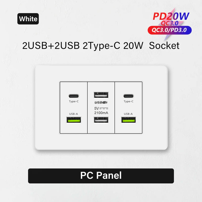 Korea Chile standard 20W Super Fast smart Charge Type C USB Port Power Wall Socket Plug,118*73mm Quick Charge electrical Outlet