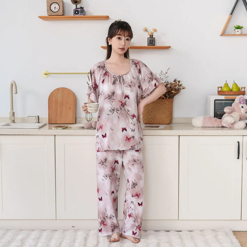 Thin Summer Wear Short Sleeve Home Suit For Women Pajamas Ladies Two-piece Set Pyjama Femmes Floral 2PCS Women's Pajamas Set