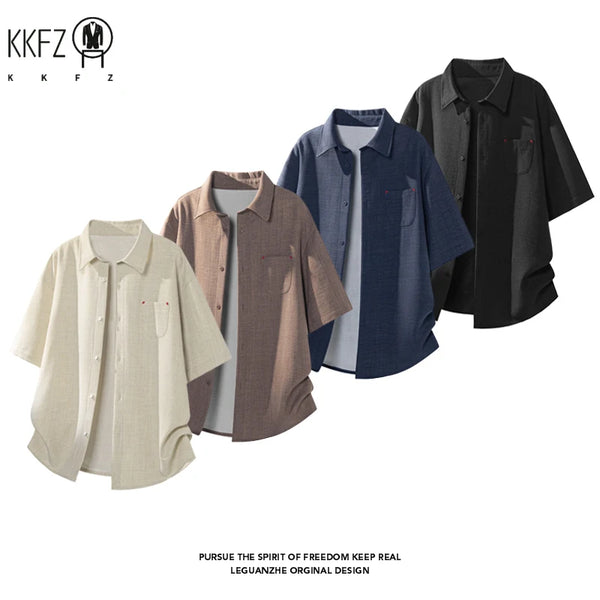Mens Lapel Collar Short Sleeve Button Up Top Textured Linen Like Fabric Chest Pocket Relaxed Fit For Daily Commute Outfit