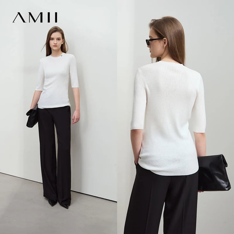 អាវយឺតប៉ាក់ Amii Minimalism សម្រាប់ស្ត្រី 2026 រដូវស្លឹកឈើជ្រុះ ដៃមធ្យម ក រាងអក្សរ O អាវផាយដែលអាចបត់បែនបាន អាវប៉ាក់ស្លីម 12541082
