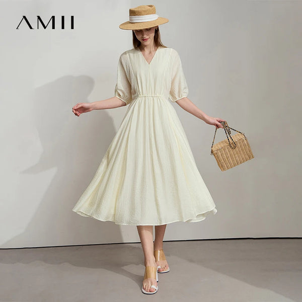រ៉ូបការិយាល័យ AMII Minimalist សម្រាប់នារីរដូវក្តៅ ឆ្នាំ២០២៥ ដៃអាវរាងចង្កៀង V-neck រ៉ូបប៉ាក់រលុង ម៉ូដសម្រាប់នារី 12522090