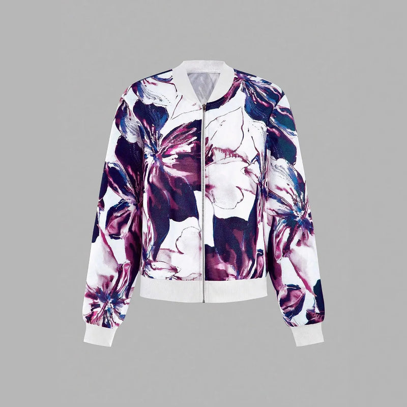 2026 New Women's Purple Long-Sleeve Printed Jacket, Green Baseball Collar Casual Coat, European Sizes S-XXL.