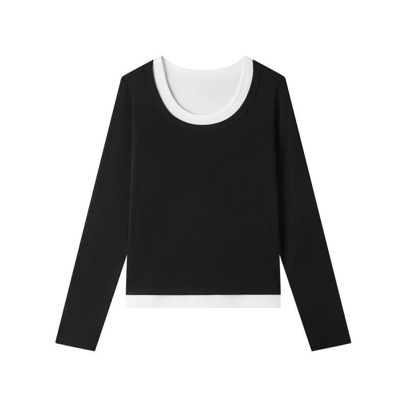 Semir Women Tshirt Slim Long Sleeve Patchwork Faux Two Piece Layering Base Top Autumn Casual Style Daily Wear 2026