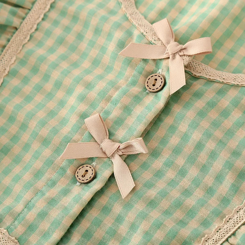 Women's Sleeping Clothes Casual Plaid Short Sleeve Cotton Nightgown Woman Sweet Bow Ladies Summer Home Wear Dress Night Shirt
