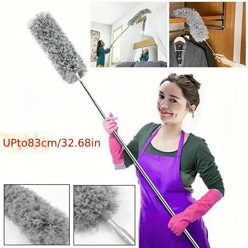 47" Extendable Microfiber Duster Pole - Bendable Stainless Steel Brush for Ceiling/Furniture/Car, Washable & No Power Needed
