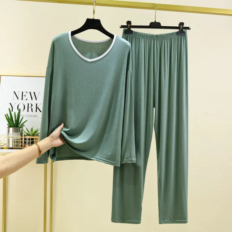 Modal Home Clothes Women's Pajamas Spring Autumn Long Sleeve Pants Set Loose Sleepwear Two Piece Suit Pijamas Para Mujer