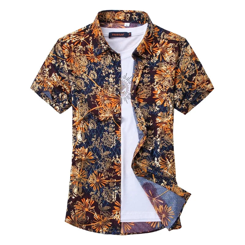 New Summer Collection of Men's Short-sleeve Printed Shirts, Red Single-breasted Button-down Shirts, Asian Sizes M–7XL.