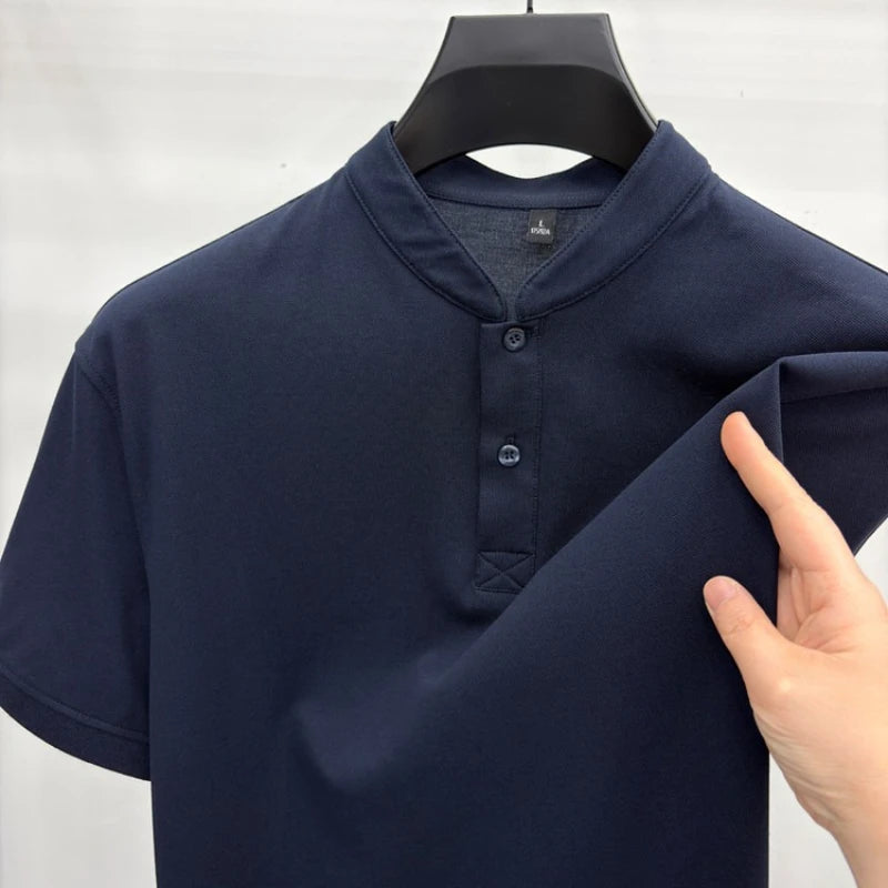 Men Summer Short Sleeve T-Shirt Little Stand Collar Solid Color Casual Loose Tee with Side Split Hem