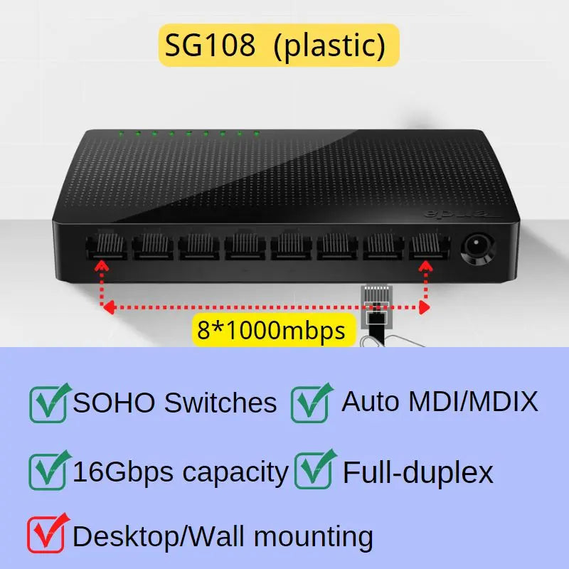Tenda Gigabit Switch Ethernet 5/8 ច្រក 1000 Mbps 10x Fast Switch RJ45 Hub Ethernet Network Switch SOHO Desktop Smart WiFi Switch