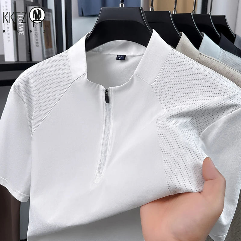 Mens Comfortable Quarter Zip Polo Shirt Short Sleeve Stand Collar Soft Touch Daily Wear Top